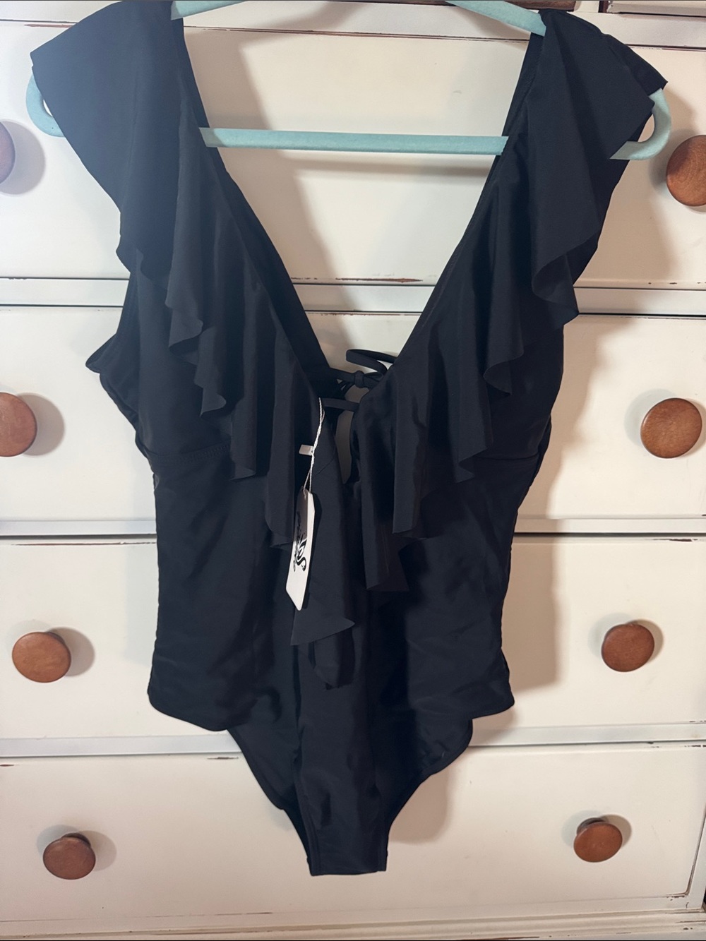 Black Ruffle V-Neck Women's Swimsuit